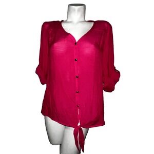 New Cocomo Women's Pink V-Neck Roll Tab Sleeve Tie Front Hem Blouse Shirt XL NWT